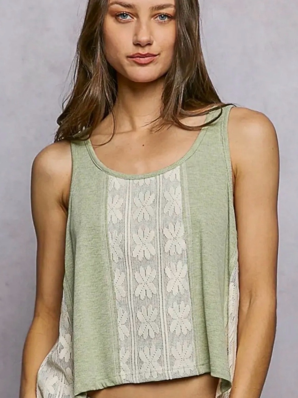 POL Pale Green Lace-Panel Tank Top